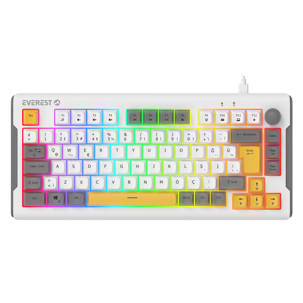 Everest KB-75 Smooth Membrane Switch RGB Beyaz/Gri/Sarı Kablolu Gaming Klavye