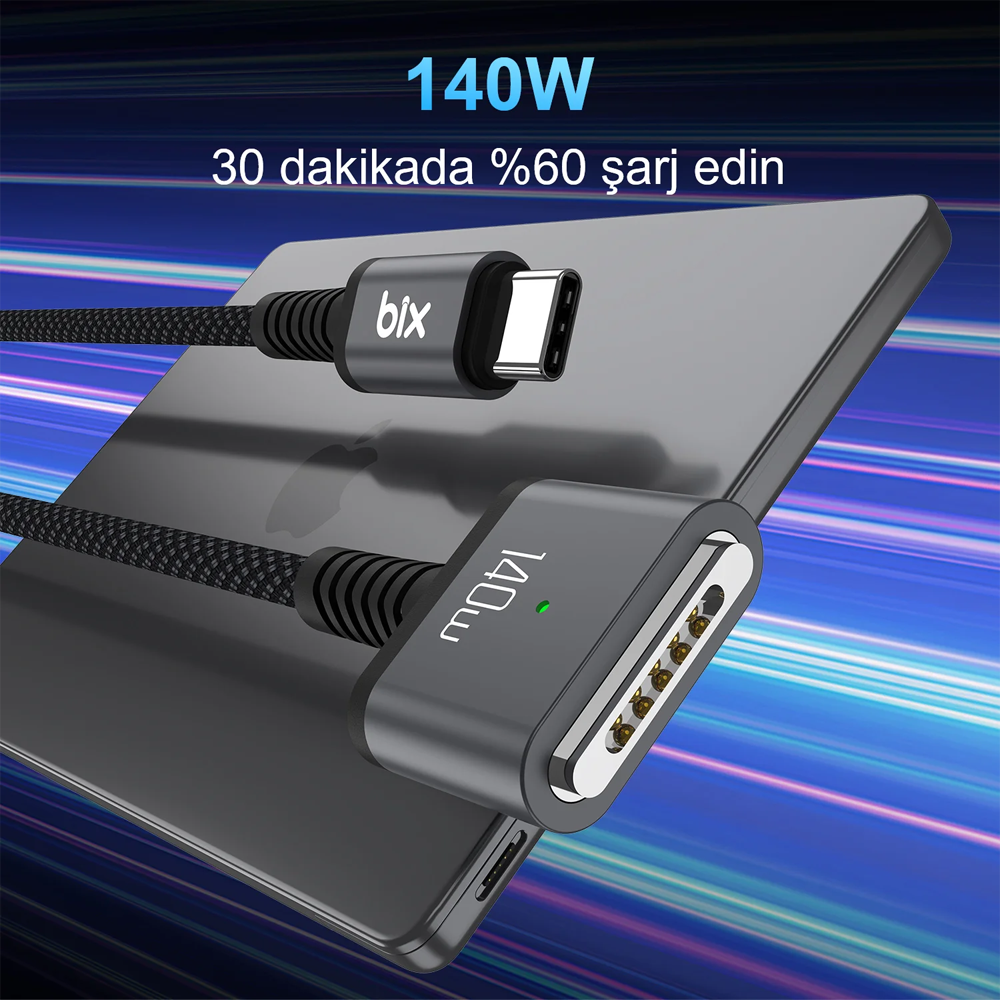 Bix BXM3C 140W Type-C to Magsafe Mac Uyumlu Manyetik Örgülü Şarj Kablosu 2 Metre