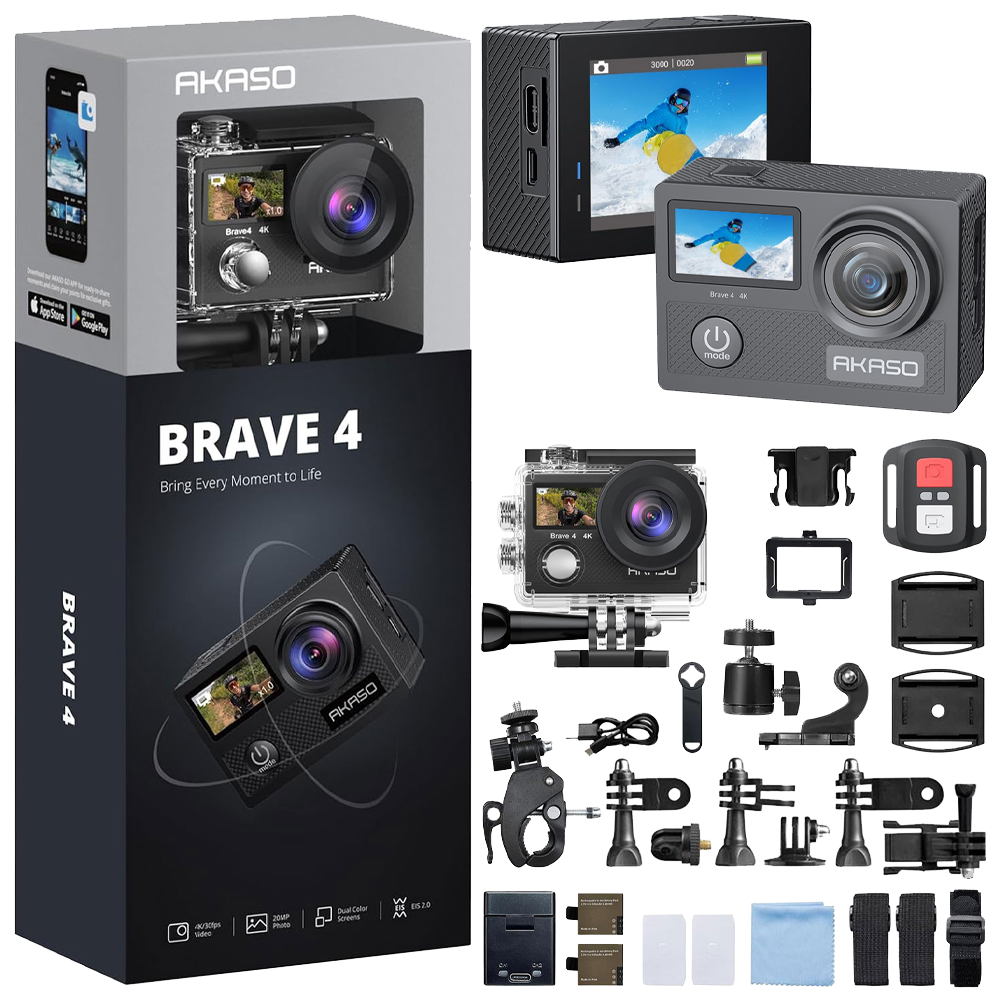 Akaso Brave 4 4K/30FPS 20MP Wi-Fi Dual Screen Aksiyon Kamera ve Aksesuar Seti