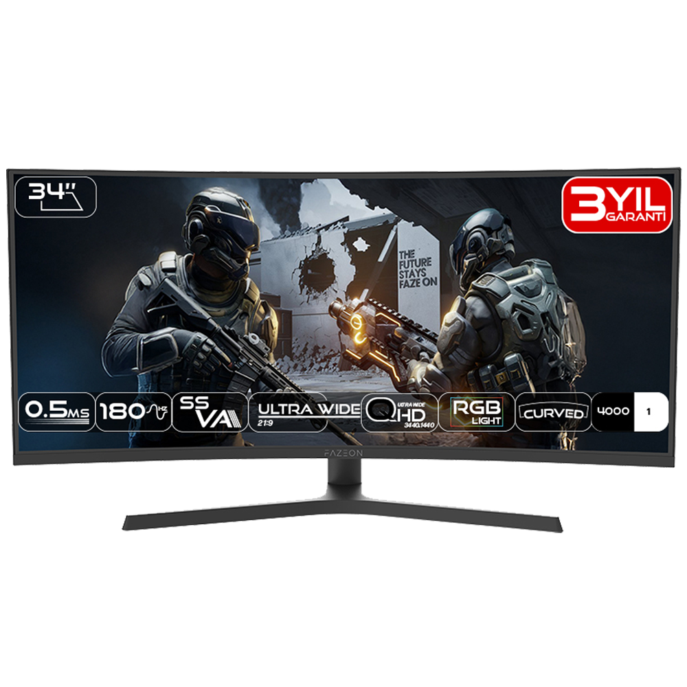 FAZEON X34F180QP 34" 180Hz 0.5ms RGB HDMI DP Adaptive Sync HDR10 QHD SS VA Curved Gaming Monitör
