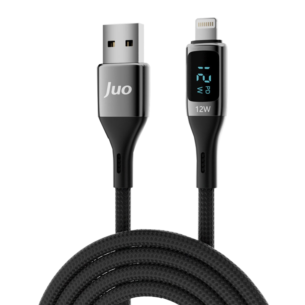 Juo 12W Dijital Led Ekranlı USB-A Lightning İphone İpad Örgülü Siyah Data Ve Hızlı Şarj Kablosu 1 Metre