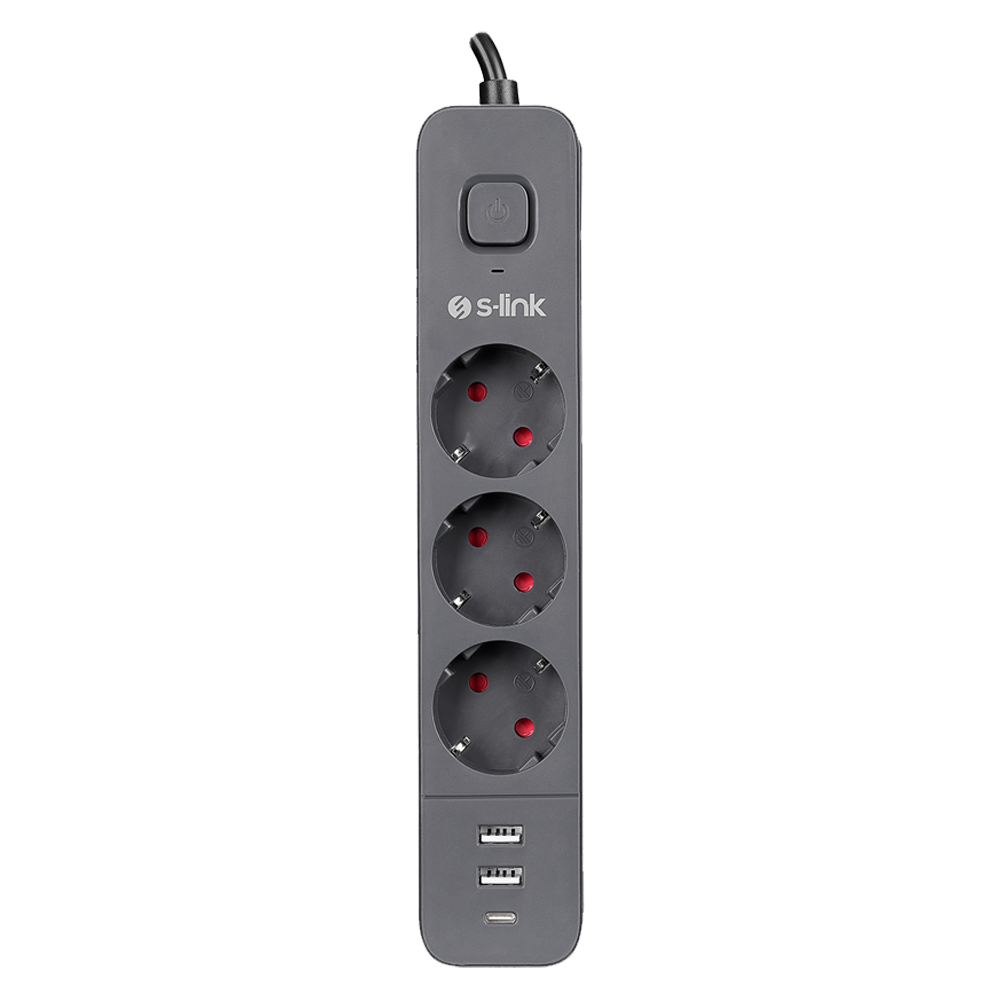 S-link SPG03U 1.5mm Bakır 750 USB Type-C Joule 3lü Anahtarlı Akım Korumalı Priz