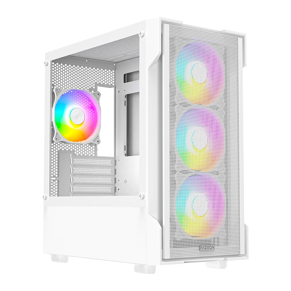 FAZEON F1 650W 80+ Bronze Tempered Glass Mesh 4x Rainbow Fanlı Beyaz mATX Bilgisayar Kasası
