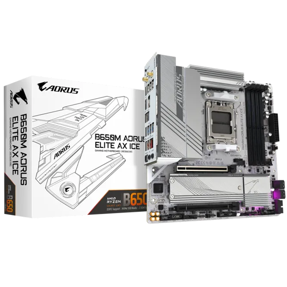 GIGABYTE B650M AORUS ELITE AX ICE 8000MHz(OC) DDR5 Soket AM5 M.2 HDMI DP mATX Anakart görsel 1