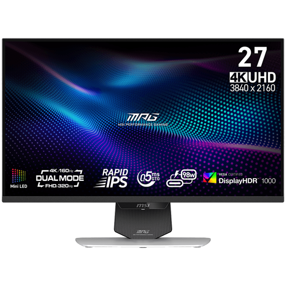 MSI MPG 274URDFW E16M 27" 0.5ms UHD 160Hz FHD 320Hz HDMI DP Type-C FreeSync Premium G-Sync HDR1000 Pivot Dual Mode Rapid IPS Beyaz Gaming Monitör