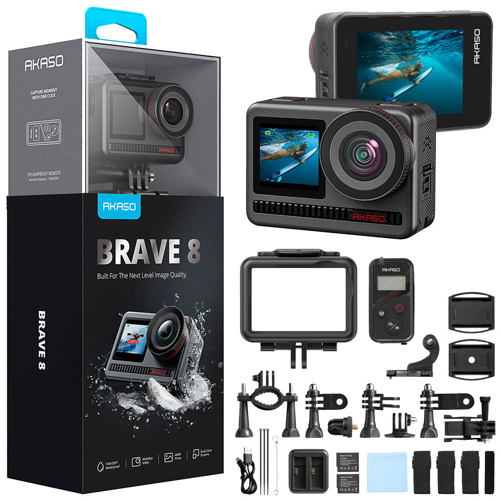 Akaso Brave 8 4K/60FPS 48MP Wi-Fi Dual Screen Aksiyon Kamera ve Aksesuar Seti