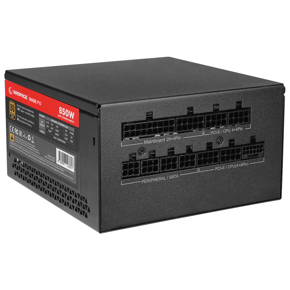 RAMPAGE RAGE P10 850W 80+ Gold 140mm Fanlı ATX3.0 Full Modüler Siyah ATX PSU