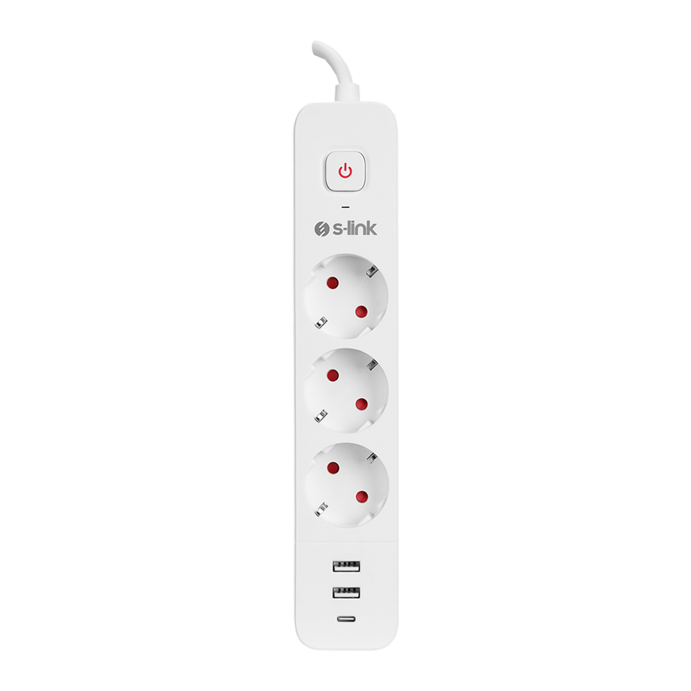 S-link SPG03TC 1.5mm Bakır 750 USB Type-C Joule 3lü Anahtarlı Akım Korumalı Beyaz Priz