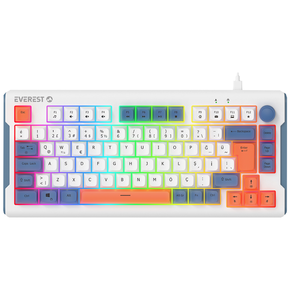 Everest KB-75 Smooth Membrane Switch RGB Beyaz/Mavi/Turuncu Kablolu Gaming Klavye
