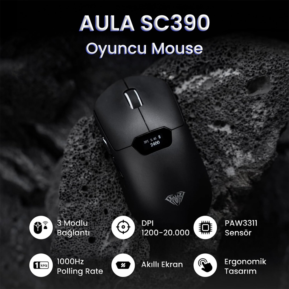Aula SC390 Pro PAW3311 20000 DPI 1000Hz Kablosuz Siyah Gaming Mouse