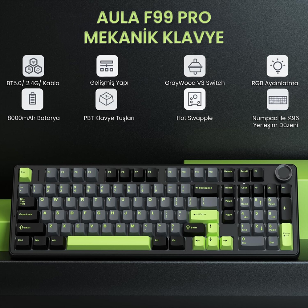 Aula F99 Pro Linear GrayWood V3 Switch Hot Swap RGB Yeşil Kablosuz Gaming Klavye