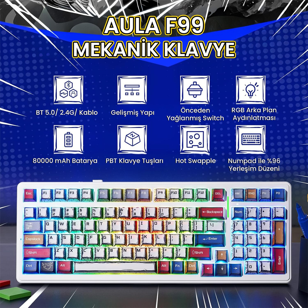 Aula F99 Linear GrayWood V3 Switch Hot Swap RGB Comic Kablosuz Gaming Klavye
