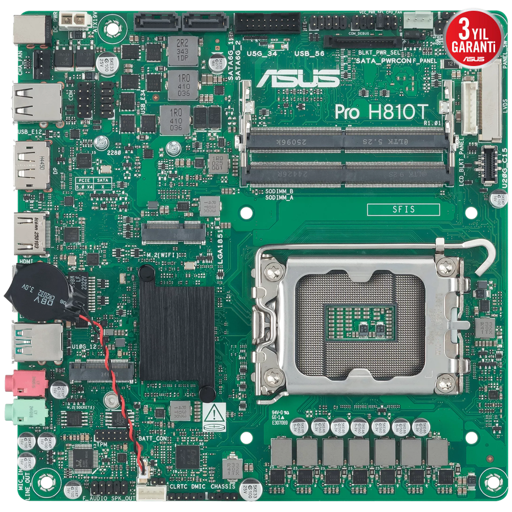 ASUS Pro H810T CSM 6400MHz(OC) DDR5 Soket 1851 M.2 Type-C HDMI DP mini-ITX Anakart