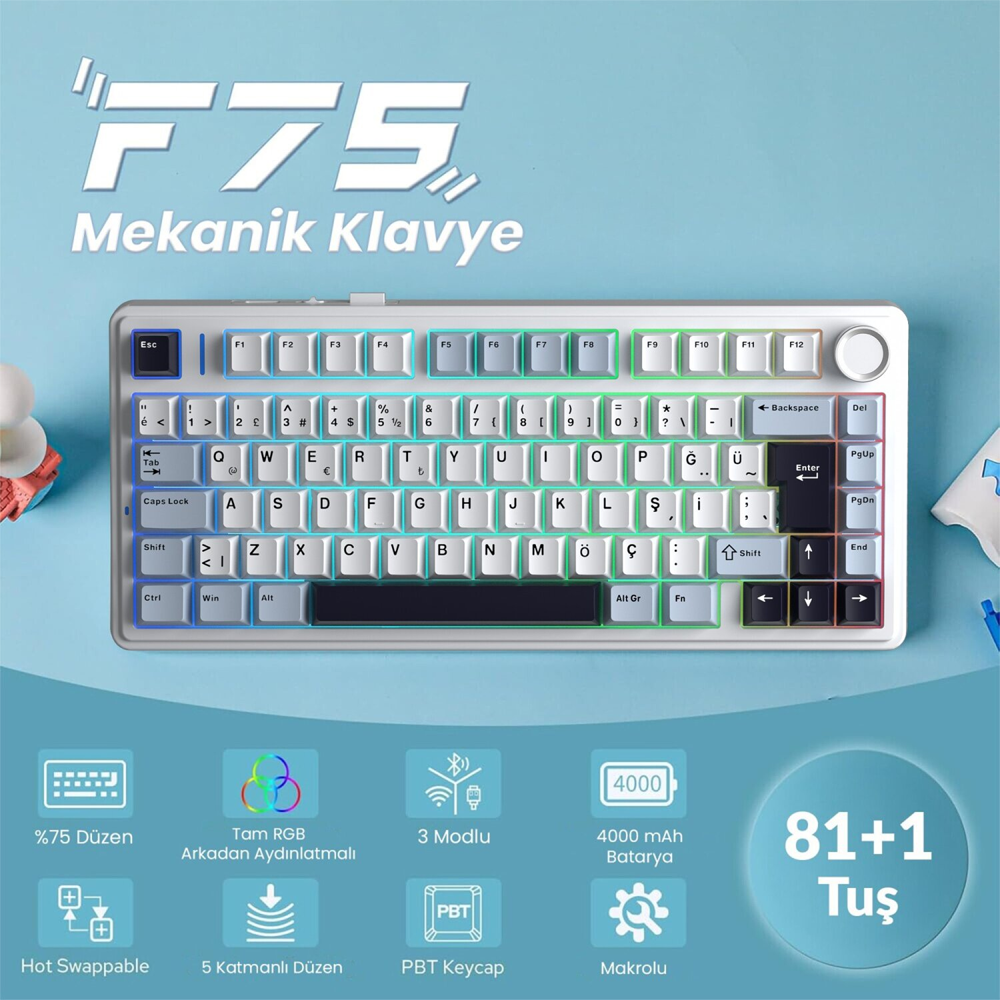 Aula F75 GrayWood V4 Switch Hot Swap RGB Lacivert Türkçe Kablosuz Mekanik Gaming Klavye