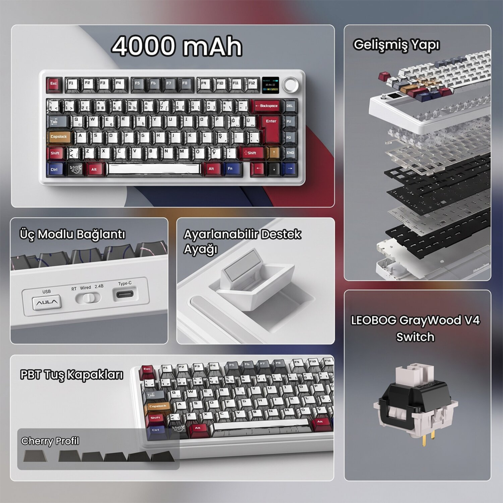 Aula F75 Max GrayWood V4 Switch Hot Swap RGB TKL Comic Türkçe Kablosuz Mekanik Gaming Klavye