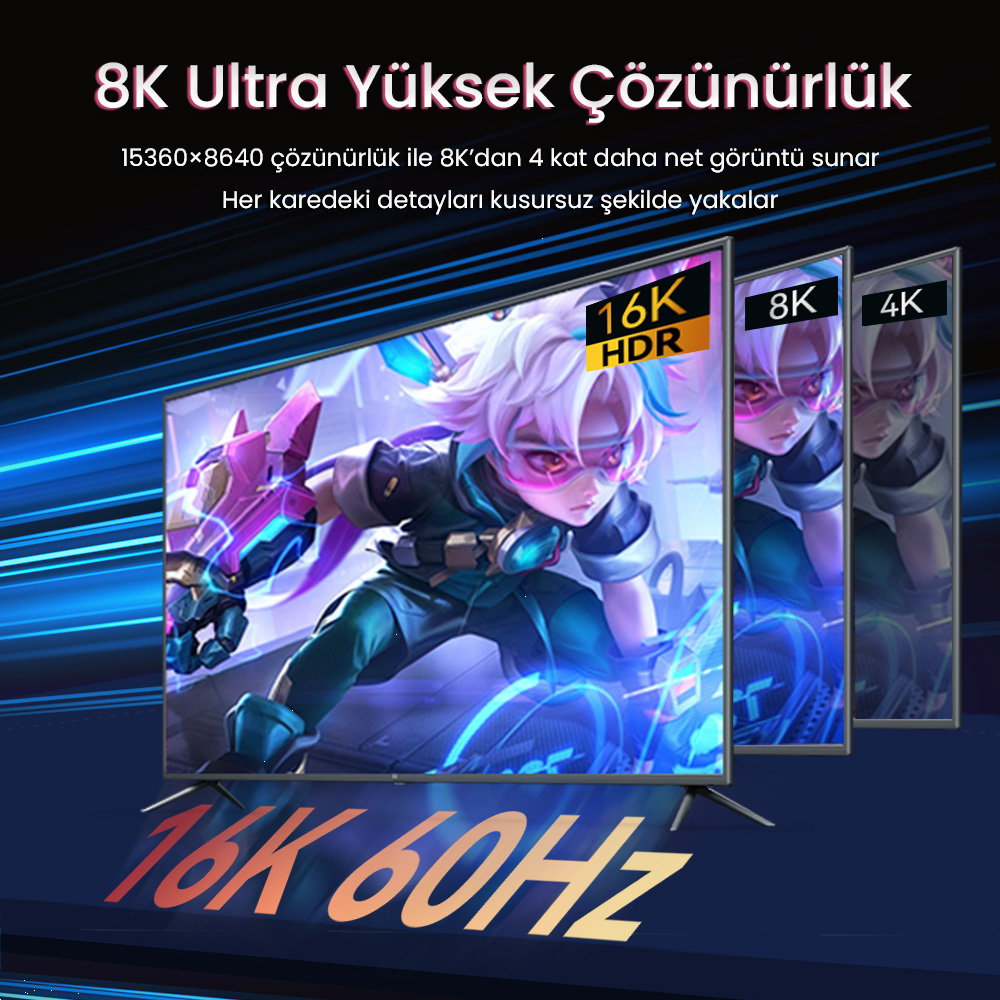 VegGieg 16K 60Hz 8K 120Hz 4 K 240Hz 80Gbps HDR ARC 2.1 DPI Kablosu 3 Metre