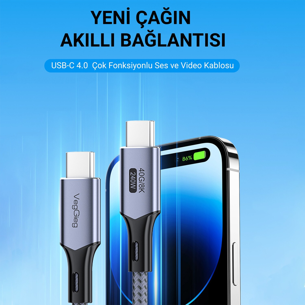 VegGieg 40 Gbps 8K/60Hz Type-C USB 4.0 Thunderbolt 4 Hızlı Sarj ve Data Kablosu 1 Metre