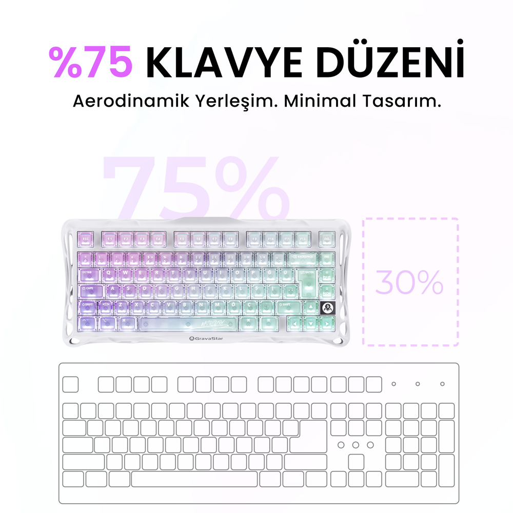 GravaStar Mercury K1 Lite RGB Linear Key Switch Türkçe Q Crystal Aurora Kablosuz Gaming Klavye