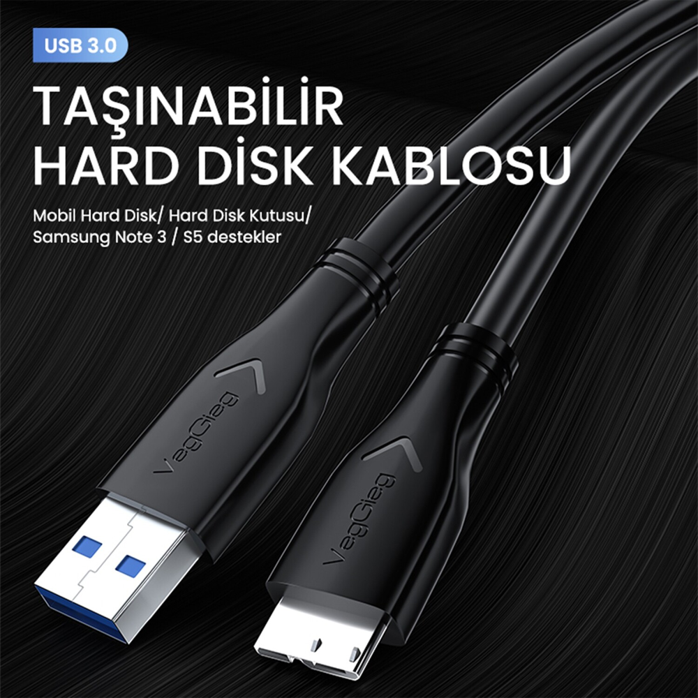 VegGieg USB 3.0 Micro B Şarj ve Data HDD Kablosu 1.5 Metre