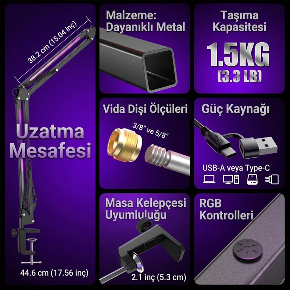 FIFINE Ampligame BM38 RGB Profesyonel Oyuncu Mikrofon Standı