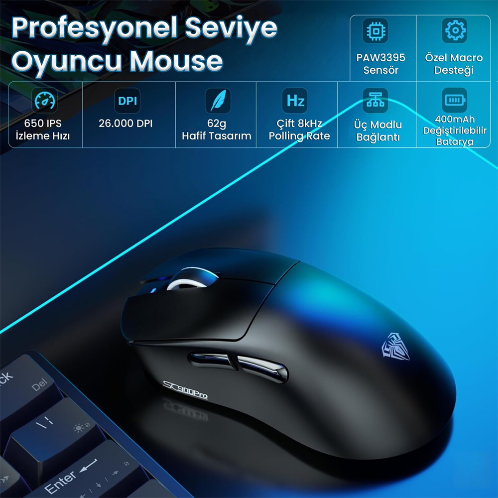 Aula SC900 Pro PAW3395 26000 DPI 8000Hz Kablosuz Siyah Gaming Mouse