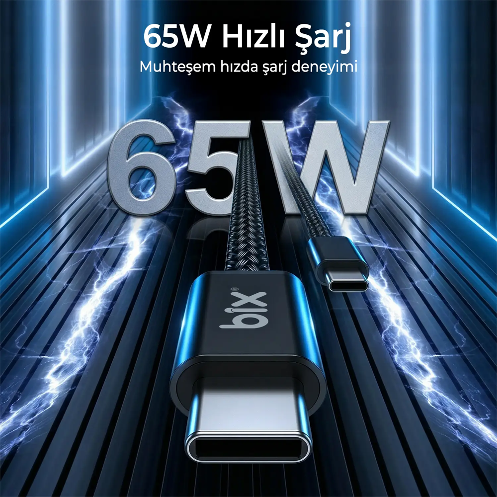 Bix T4CC-WT 65W USB-C To USB-C Manyetik Örgülü Beyaz Şarj Kablosu 1 Metre