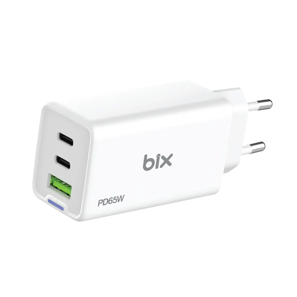 Bix BX3P66G GaN 65W Type-C USB 3.0 ve USB-A QC Üç Portlu Beyaz Hızlı Şarj Cihazı