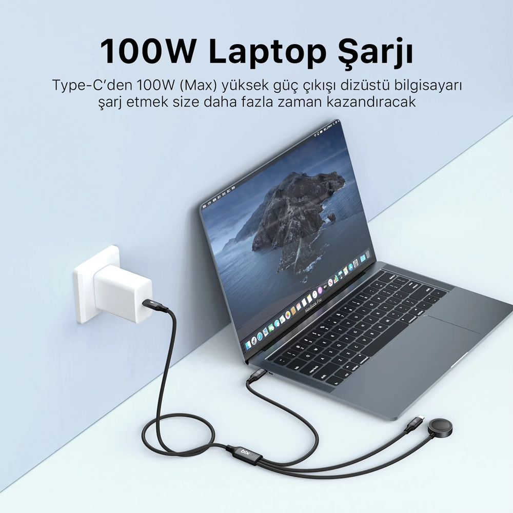 Bix BXA3W1 100W Type-C, Lightning ve Apple Watch Çoklu Şarj ve Data Kablosu Koyu Gri 1.2 Metre