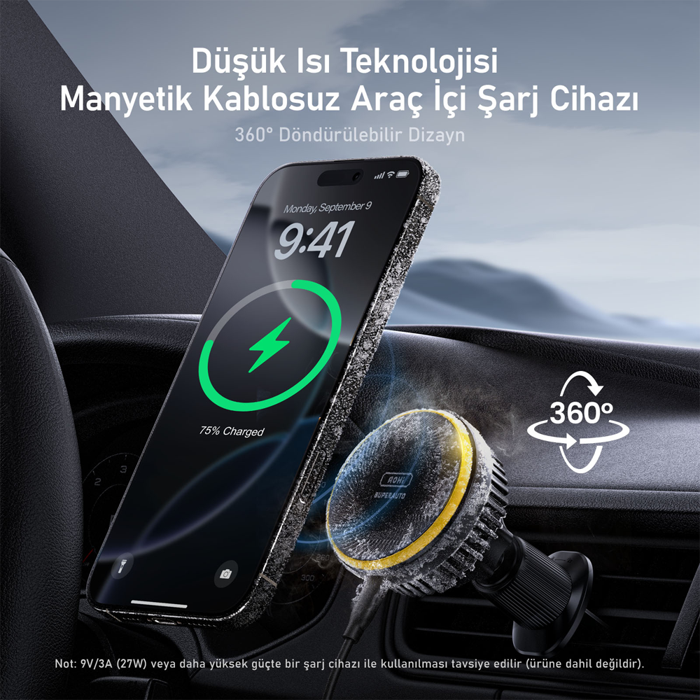 AOHI Superauto Magsafe Araç İçi Şarjı, Kendinden Soğutmalı Mıknatıslı Telefon Tutucu, 15W Siyah Hızlı Şarj Aleti