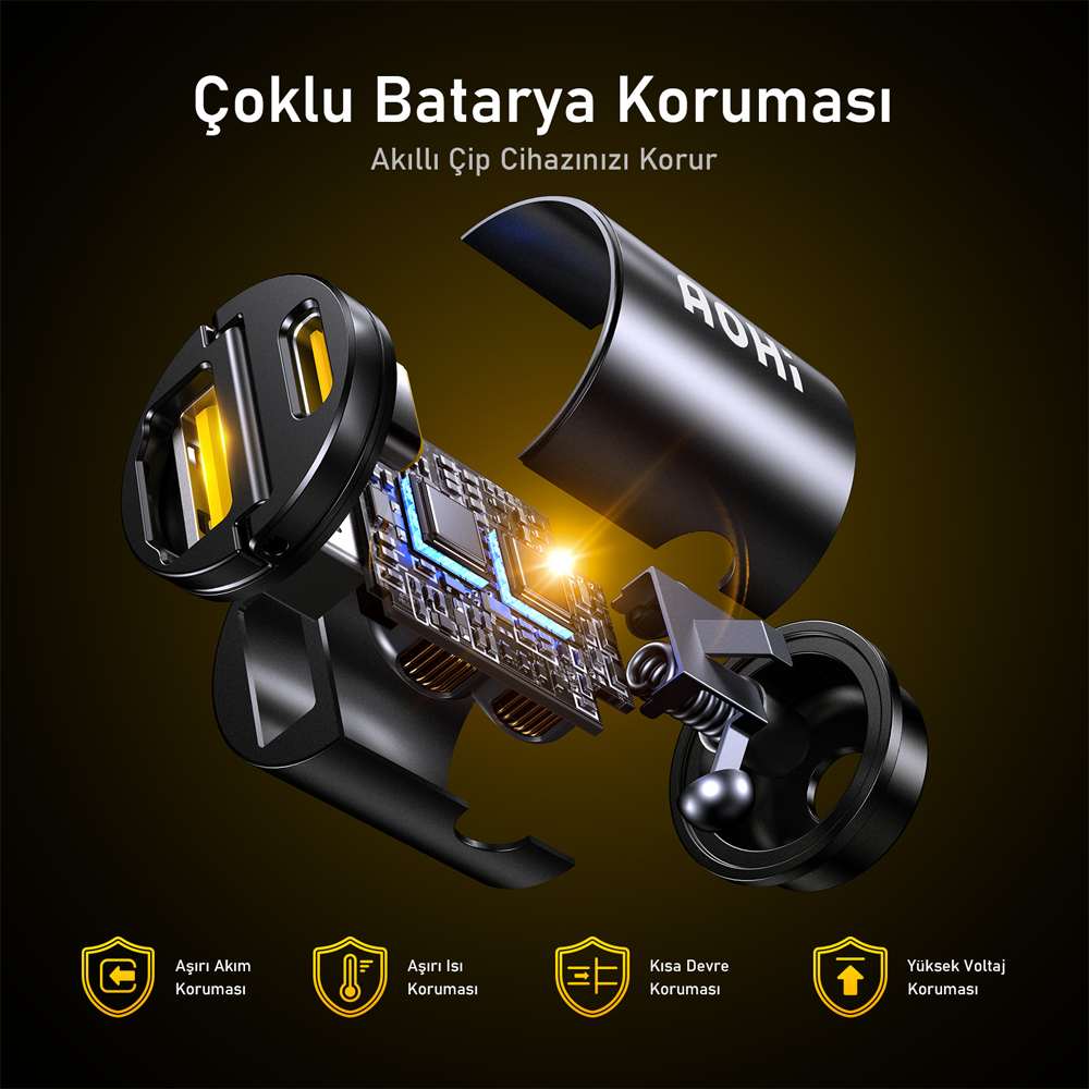 AOHI Superauto Araç İçi Şarjı, 2 Portlu PD 65W Type-C ve USB-A Girişli, USB, Siyah Hızlı Şarj Çakmaklık Adaptörü