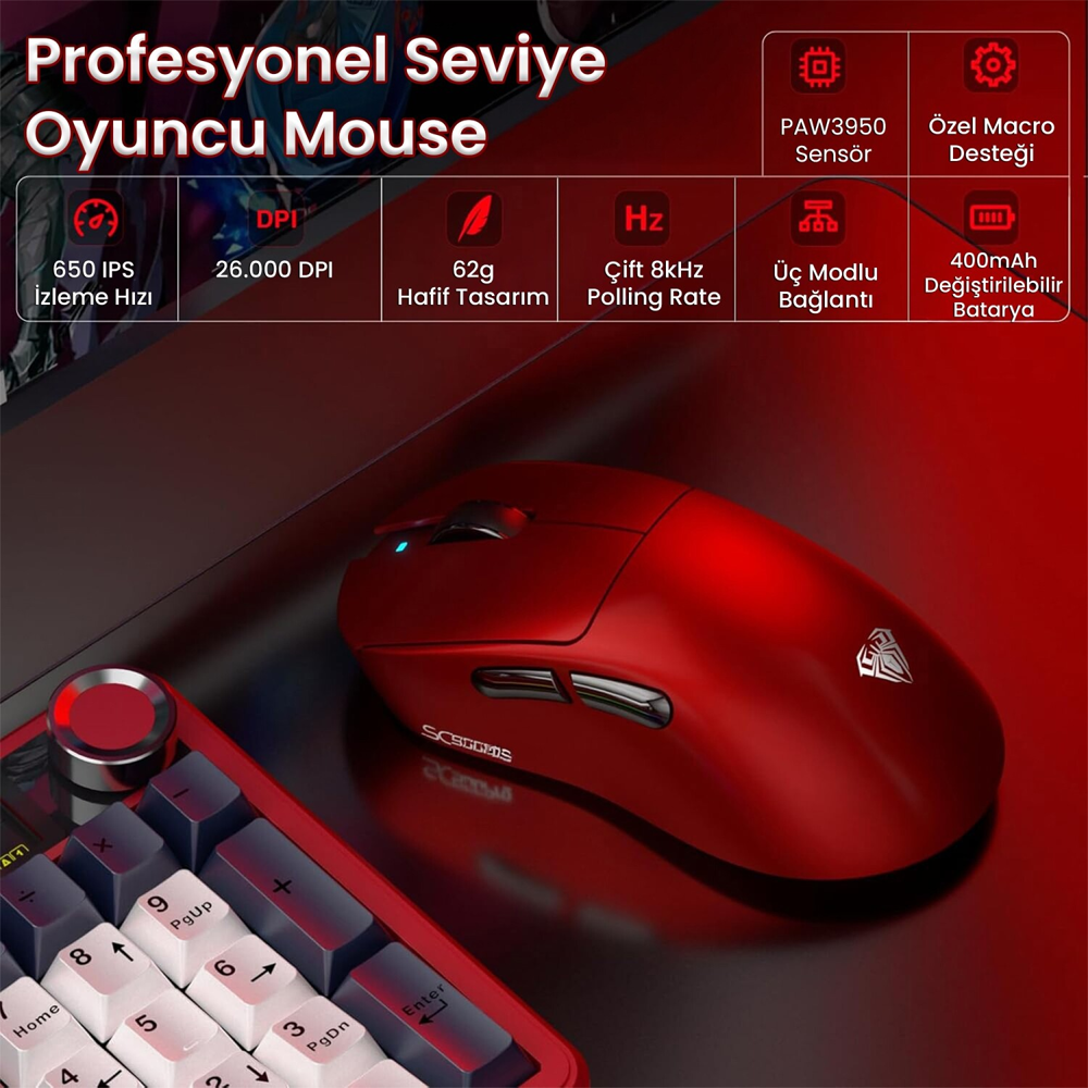 Aula SC900 Max 30000DPI 8000Hz Kırmızı Kablosuz Gaming Mouse