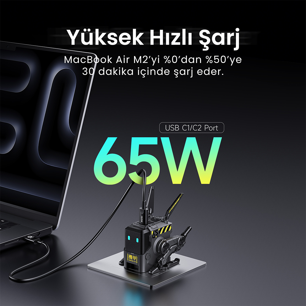 GravaStar Alpha65 Robot Figürlü 65W Gri Hızlı Şarj Adaptörü