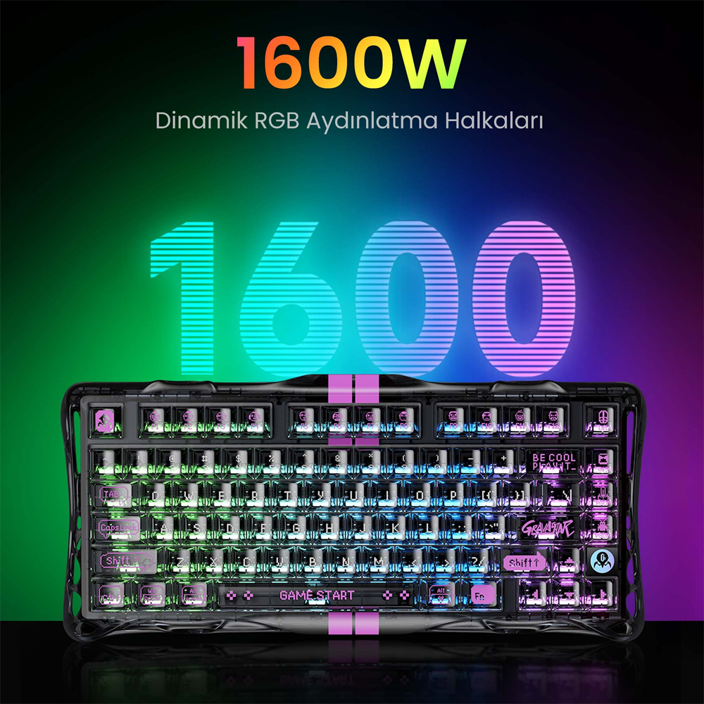 GravaStar Mercury V75 RGB Manyetik Switch İngilizce Q Stealth Siyah Şeffaf Kablolu Gaming Klavye