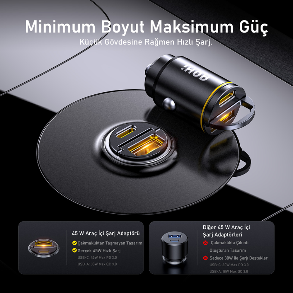 AOHI Superauto Araç İçi Şarjı, 2 Portlu PD 45W Type-C ve USB-A Girişli, USB 30W Siyah Hızlı Şarj Çakmaklık Adaptörü