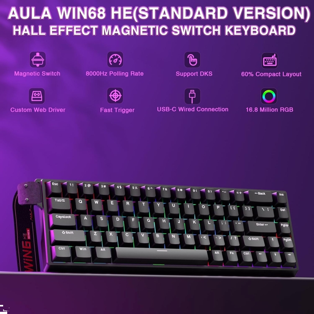 Aula Win68 HE Manyetik Switch Hot Swap TKL RGB Siyah Kablolu Gaming Klavye