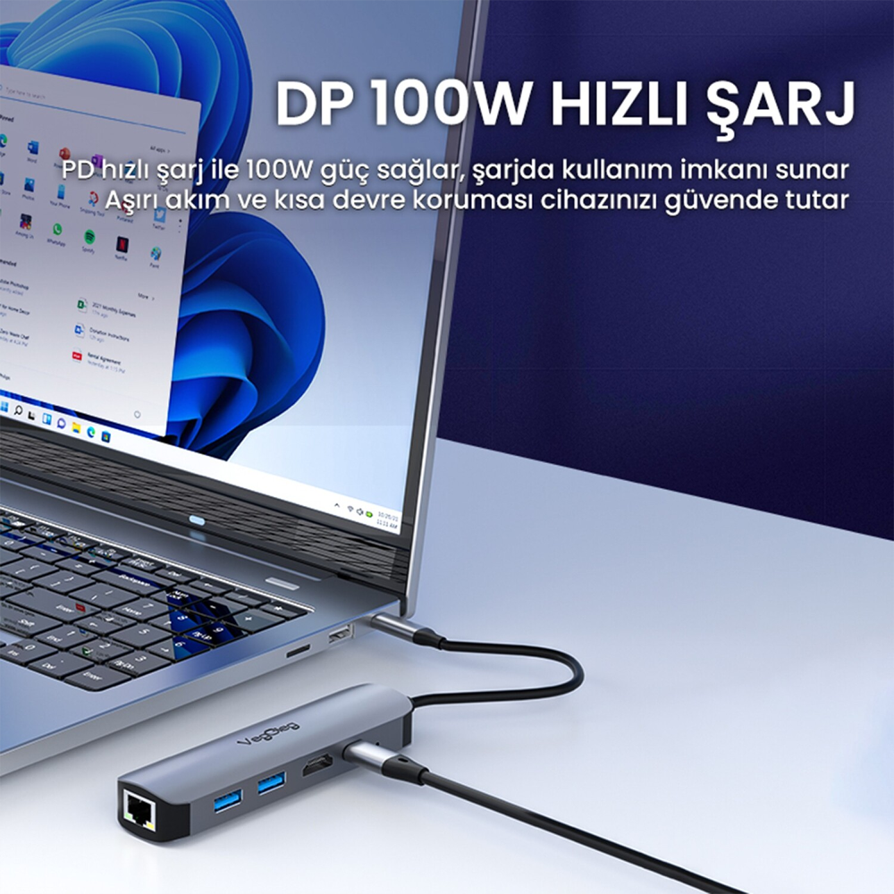 VegGieg 4K/30Hz HDMI 100Mbps Ethernet USB2.0 USB3.0 Type-C Çoklayıcı Hub