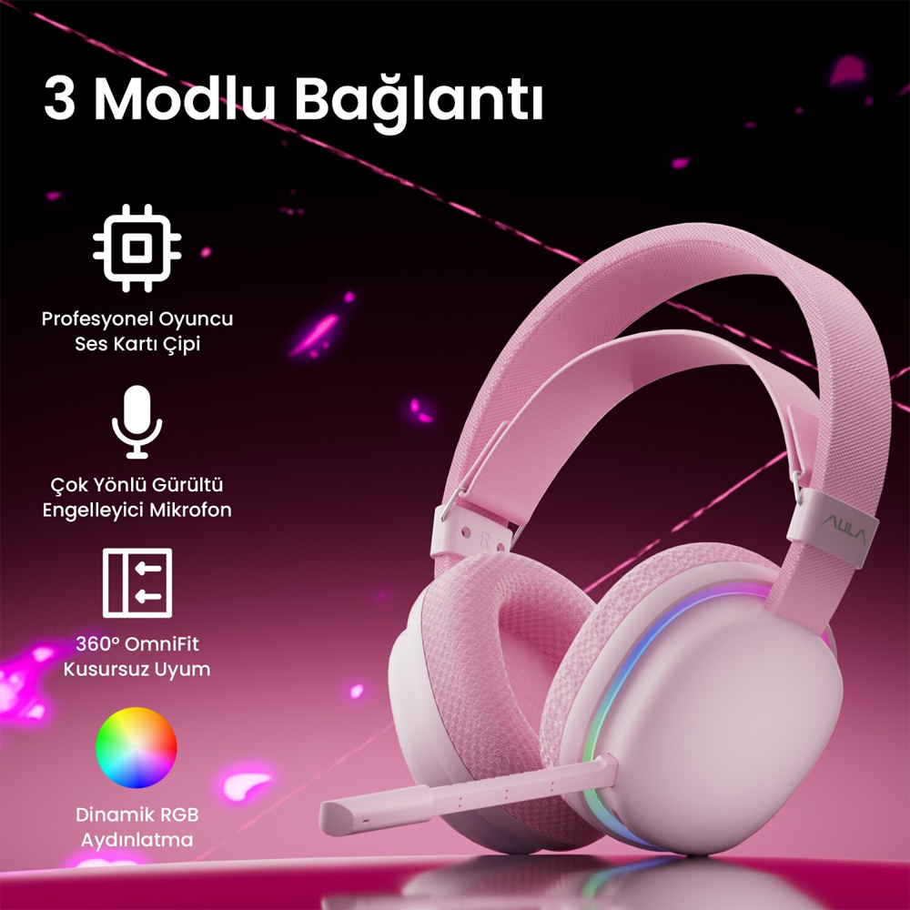 Aula G7 Tri Mode RGB Kablosuz Pembe Gaming Kulaklık