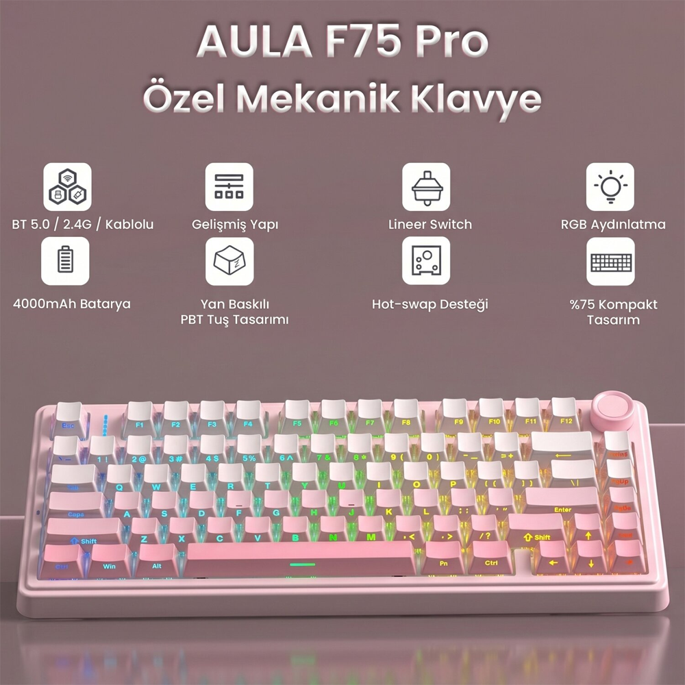 Aula F75 Cotton Candy Switch Hot Swap TKL RGB Pembe Kablosuz Mekanik Gaming Klavye