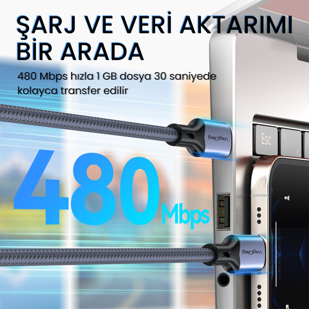 VegGieg 27W 3A Type-C Lightning İphone İpad Hızlı Sarj ve Data Kablosu 2 Metre