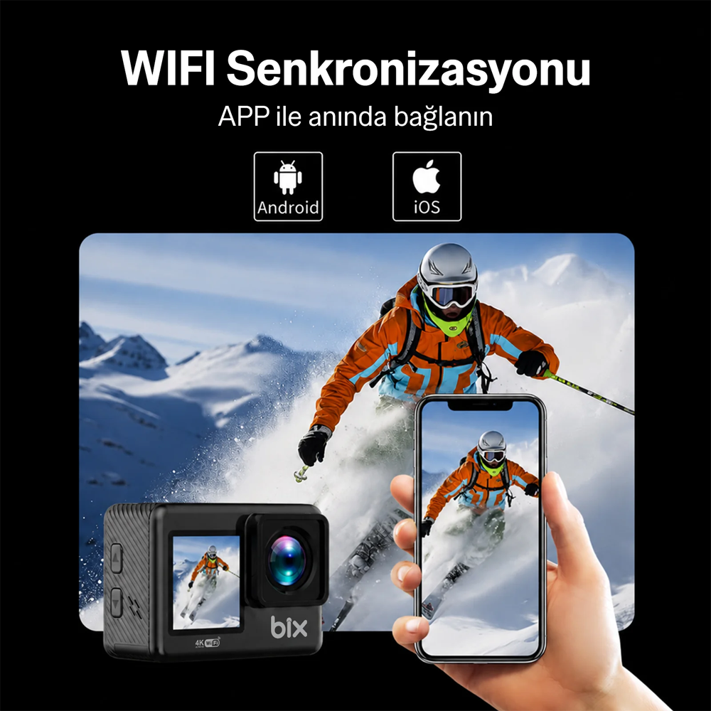 BIX Pulse 1 4K 30FPS 20MP WI-FI Su Geçirmez Kılıflı Siyah Ekranlı Kask Aksiyon Kamera ve Aksesuar Seti