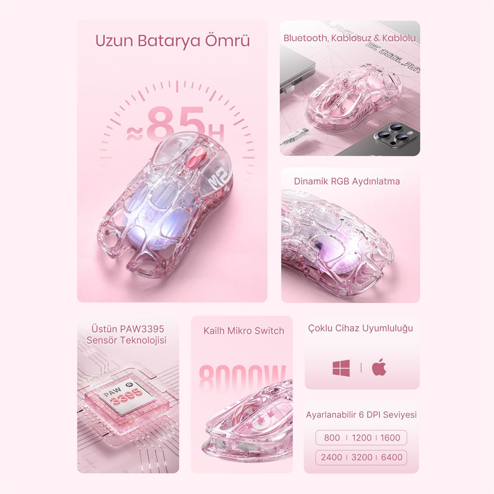 GravaStar Mercury M2 RGB 26000 DPI 1000Hz Crystal Rose Kablosuz Gaming Mouse