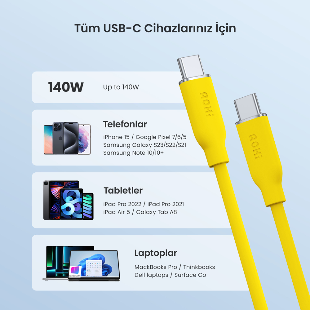 AOHI Silky Type-C to Type-C 1m PD 3.1 480Mbps 140W Süper Hızlı Şarj/Data Kablosu