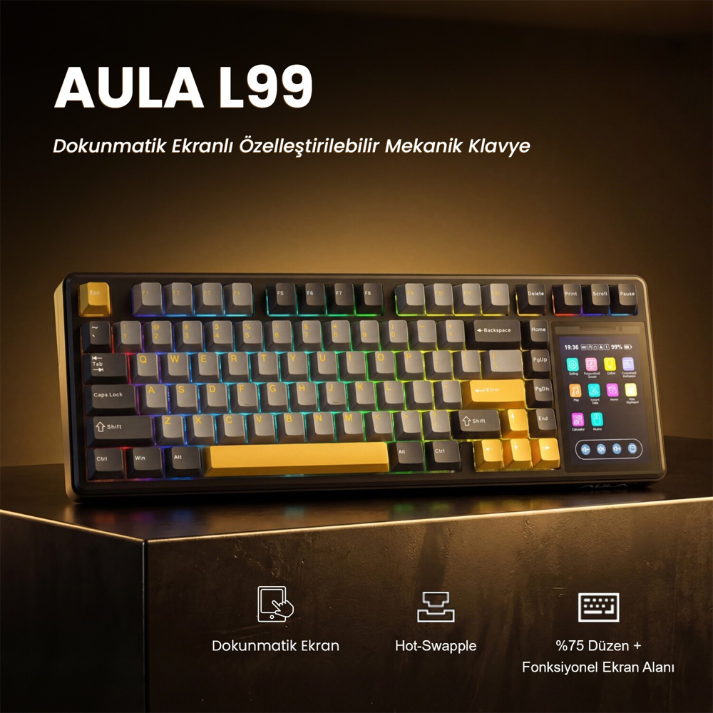 Aula L99 Raindrop Switch Hot Swap 4" Ekranlı RGB Kırmızı Kablosuz Gaming Klavye