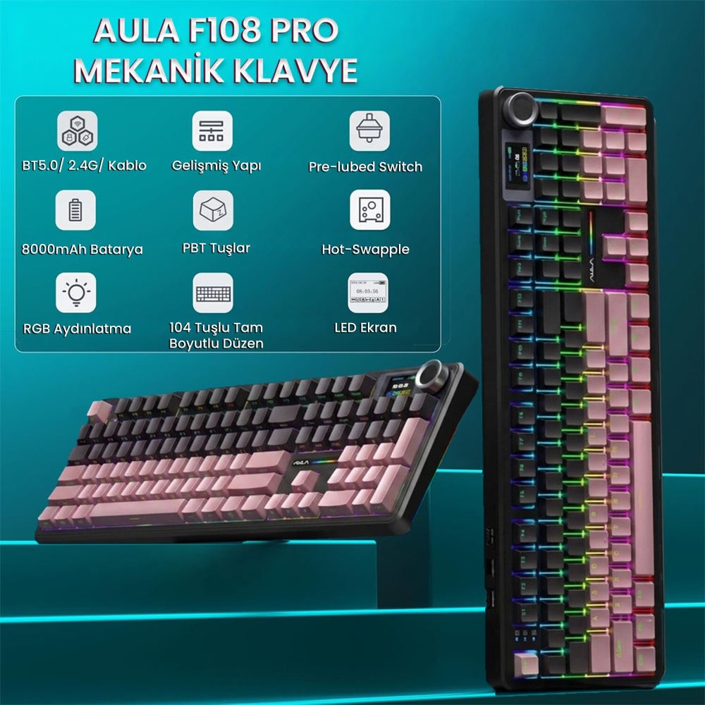 Aula F108 Pro Manyetik Switch Hot Swap RGB Gradyan Pembe Kablosuz Gaming Klavye