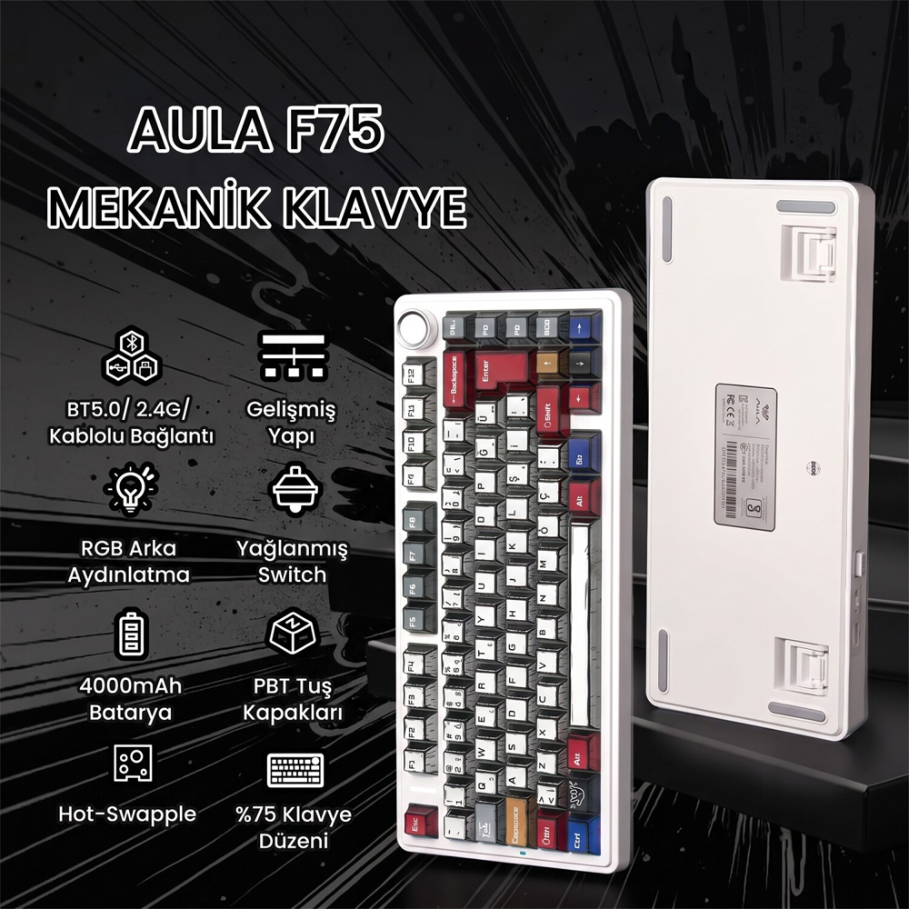 Aula F75 GrayWood V4 Switch Hot Swap RGB Comic Türkçe Kablosuz Mekanik Gaming Klavye