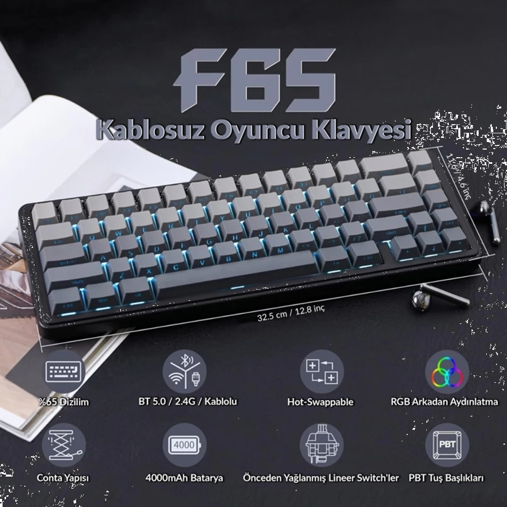 Aula F65 GrayWood V3 Switch Hot Swap TKL RGB Gri Kablosuz Gaming Klavye