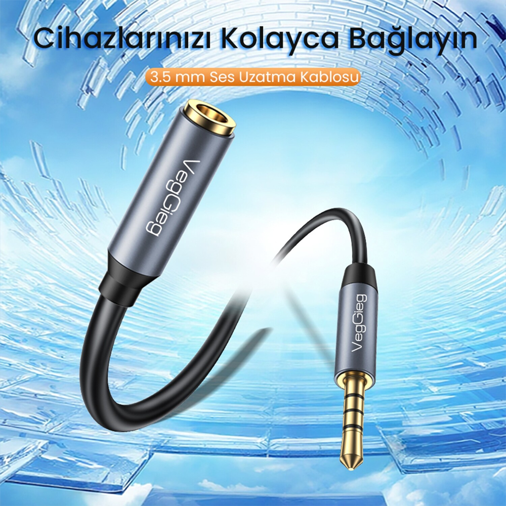 VegGieg 3.5mm TRRS AUX Kulaklık Mikrofon Ses Uzatma Kablosu 1Metre
