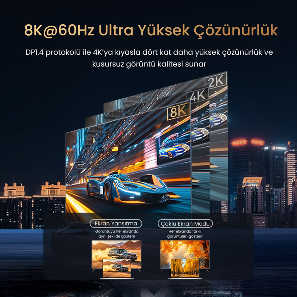 VegGieg Type-C to DP Kablo 8K 60Hz 4K 240Hz HDR ARC 48Gbps Örgülü Çift Yönlü 1 Metre Görüntü Kablosu