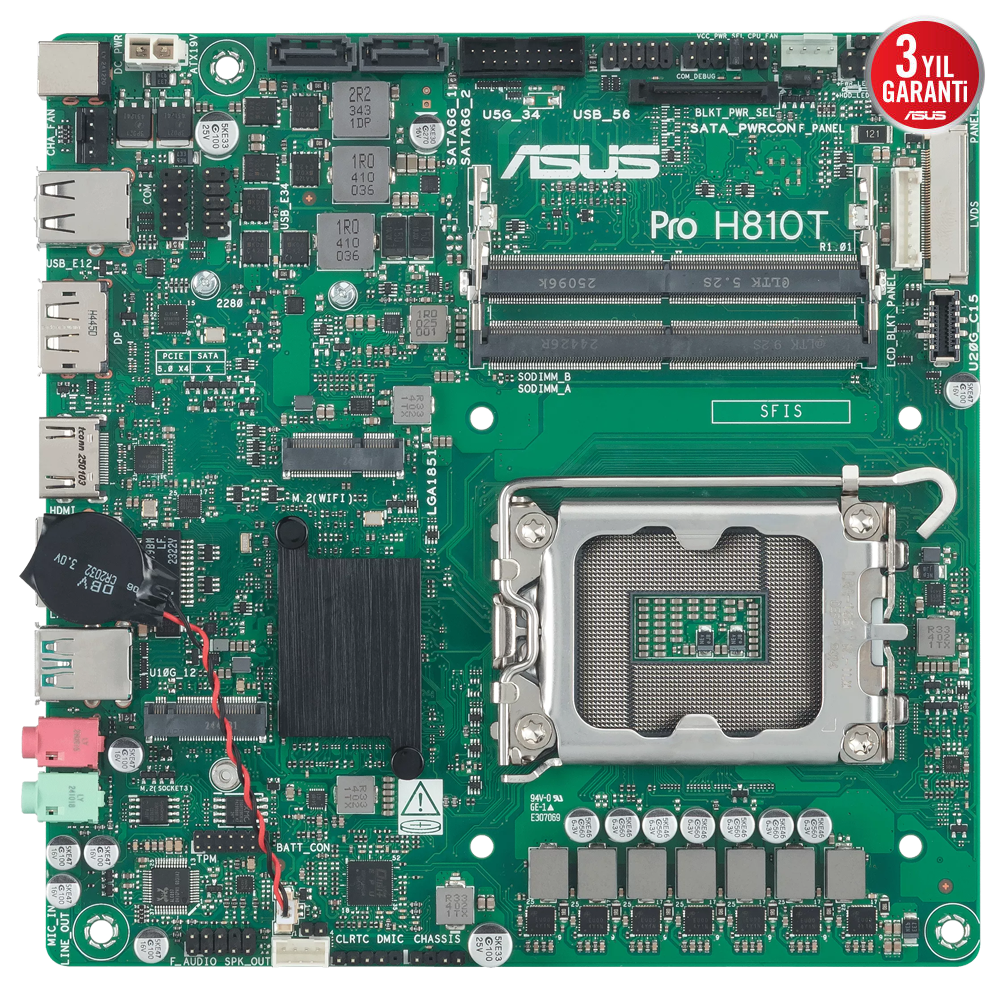ASUS Pro H810T CSM 6400MHz(OC) DDR5 Soket 1851 M.2 Type-C HDMI DP mini-ITX Anakart