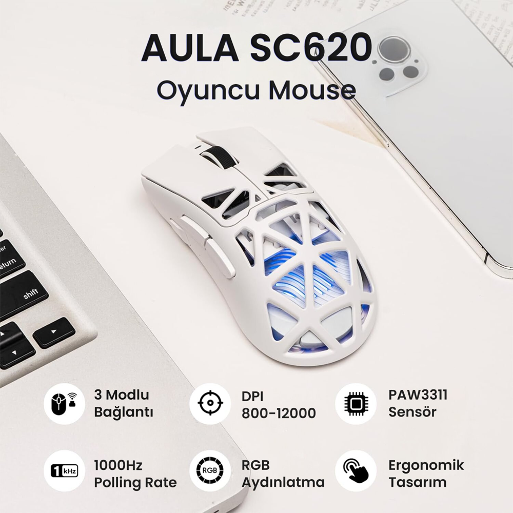 Aula SC620 PAW3311 12000 DPI 1000Hz Kablosuz Beyaz Gaming Mouse